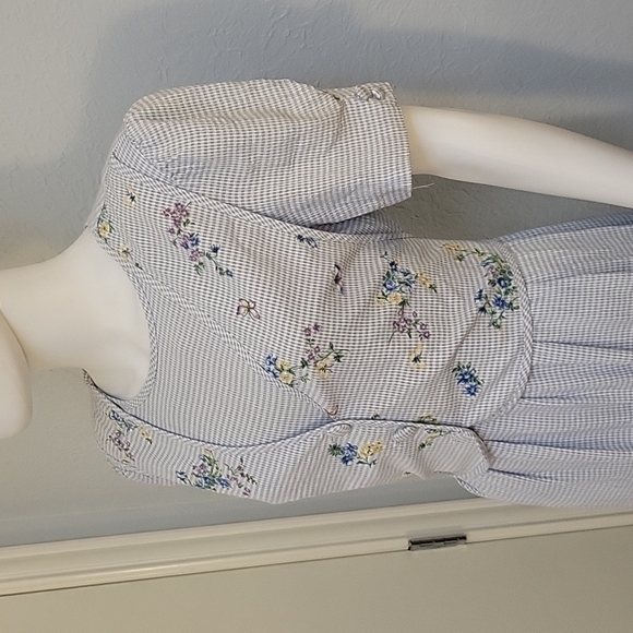 ANOTHER THYME 1980s Icy Blue Floral Gingham Tie Back Coquette Land Girl Dress - Picture 3 of 10